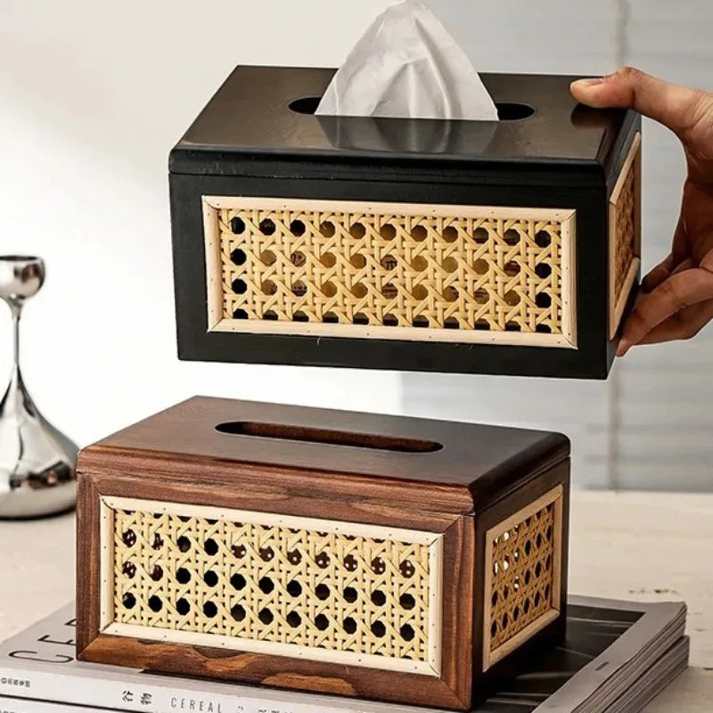 Rattan Tissue Box Living Room Bedroom Desktop Napkin Wet Wipes Container Case Wooden Bathroom Paper Holder Home Decor