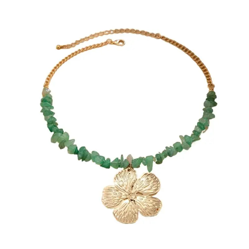 Boho Irregular Natural Stone & Metal Flower Clavicle Chain Necklace
