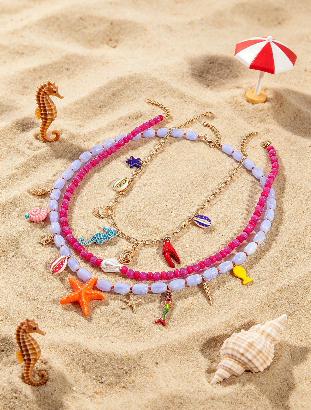 Boho Multilayer Ocean Charm Beaded Statement Necklace – Colorful Sea Animal Design