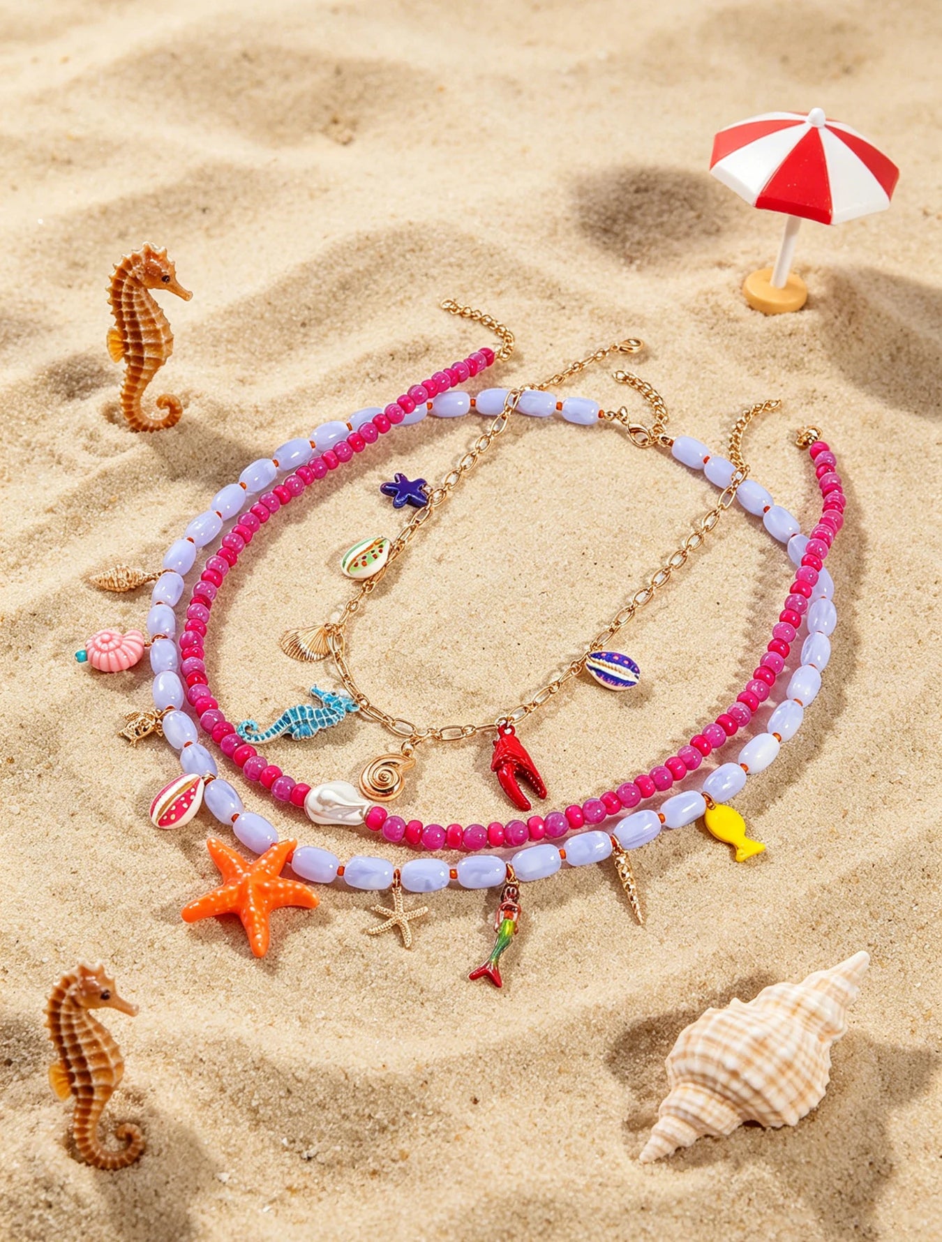 Boho Multilayer Ocean Charm Beaded Statement Necklace – Colorful Sea Animal Design