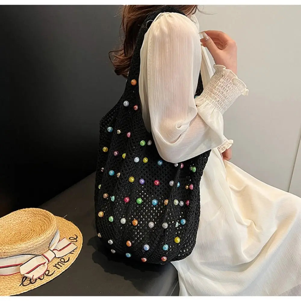 Boho Crochet Beach Tote Bag | Large Hollow Knit Bag with Colored Bead Detail