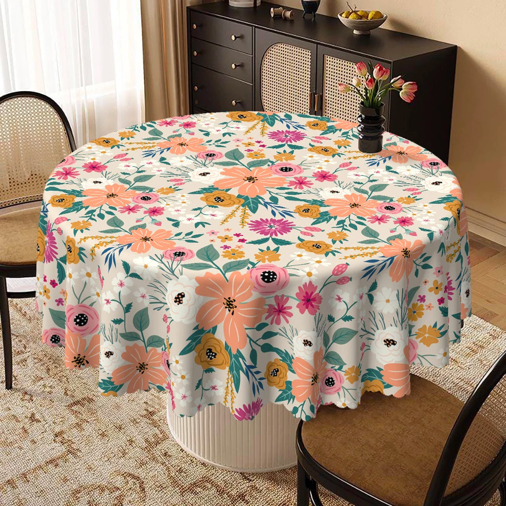 Boho Floral Round Tablecloth | Colorful Flower & Leaf Print