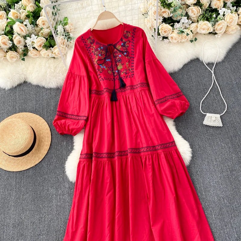 Embroidered Lantern Sleeve Boho Midi Dress | Lace-Up A-Line
