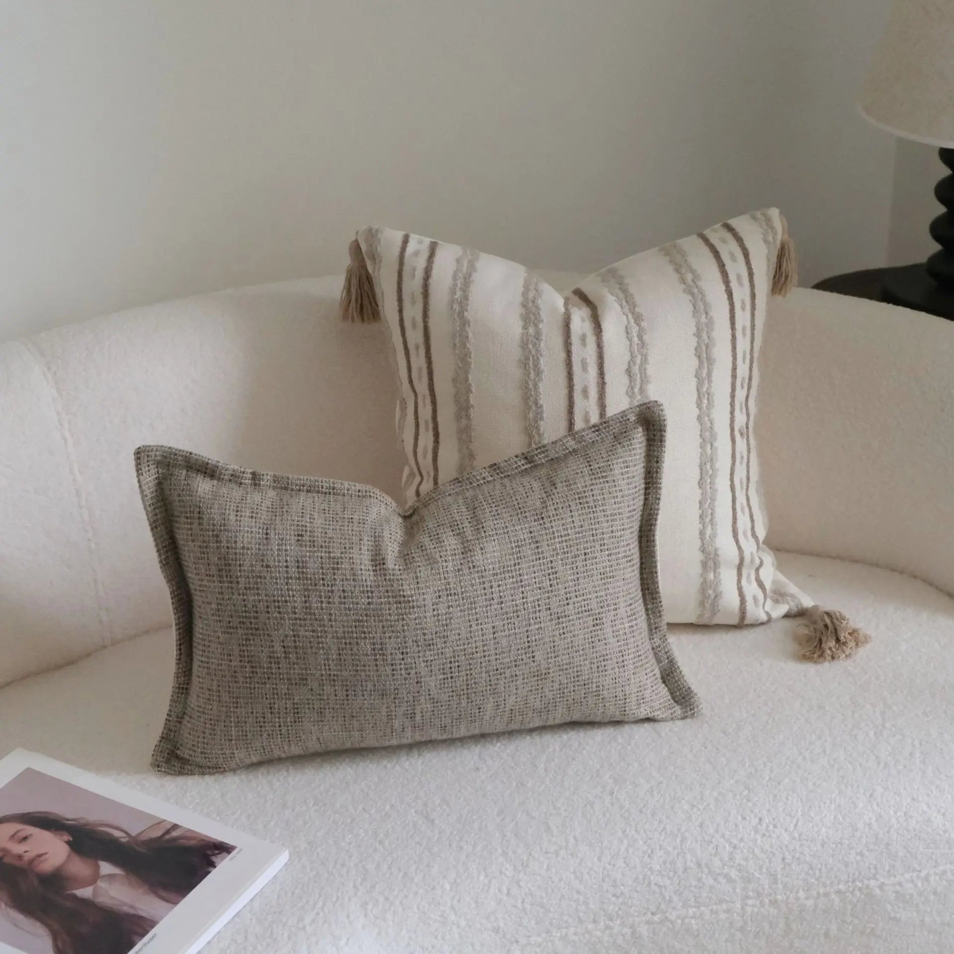 Boho Woven Tufted Cushion Cover with Tassels – Striped Farmhouse Pillow Case