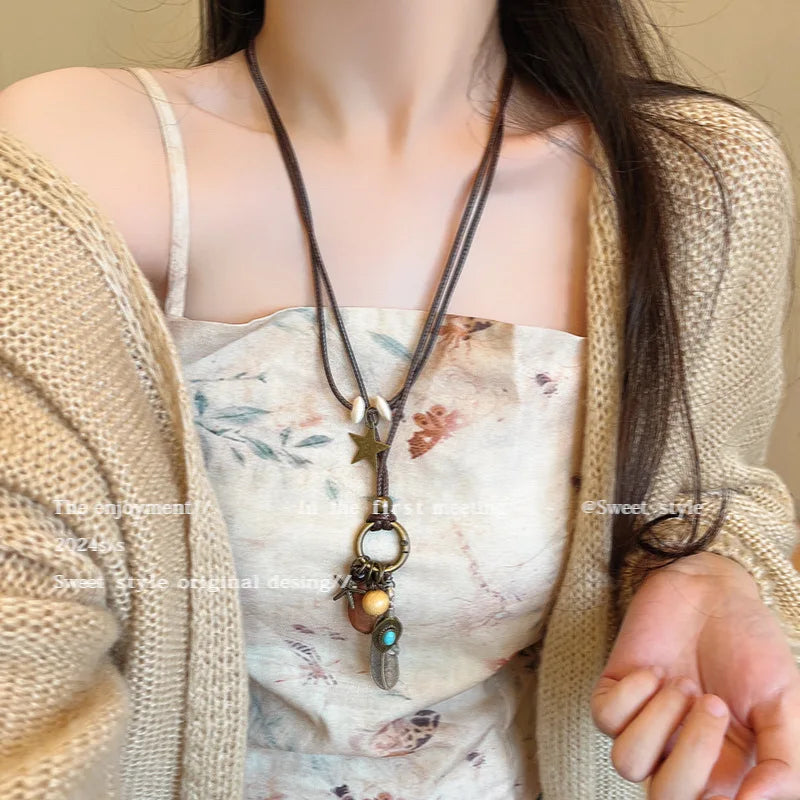 Vintage Boho Handmade Leaf Pendant Layered Long Necklace – Antique Collar Chain