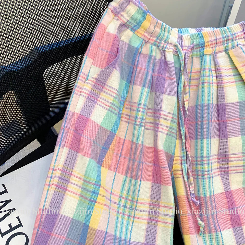 Color plaid wide-leg pants women's summer high waist retro Joker design loose pocket straight casual pants.
