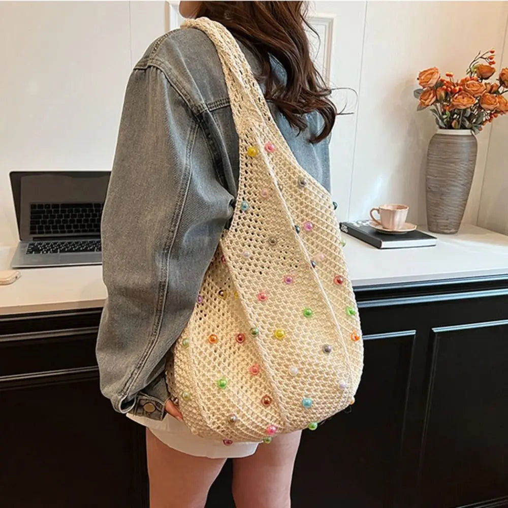 Boho Crochet Beach Tote Bag | Large Hollow Knit Bag with Colored Bead Detail