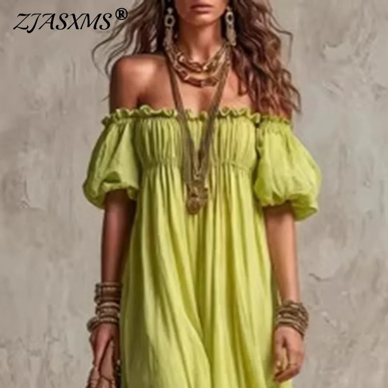 Off-Shoulder Pleated Maxi Dress | Boho Empire Waist A-Line