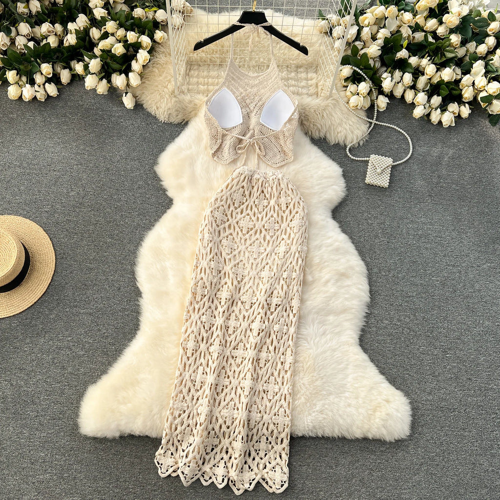 Boho Lace-Up Cami & Maxi Knit Skirt Set | 2-Piece Beach Co-ord