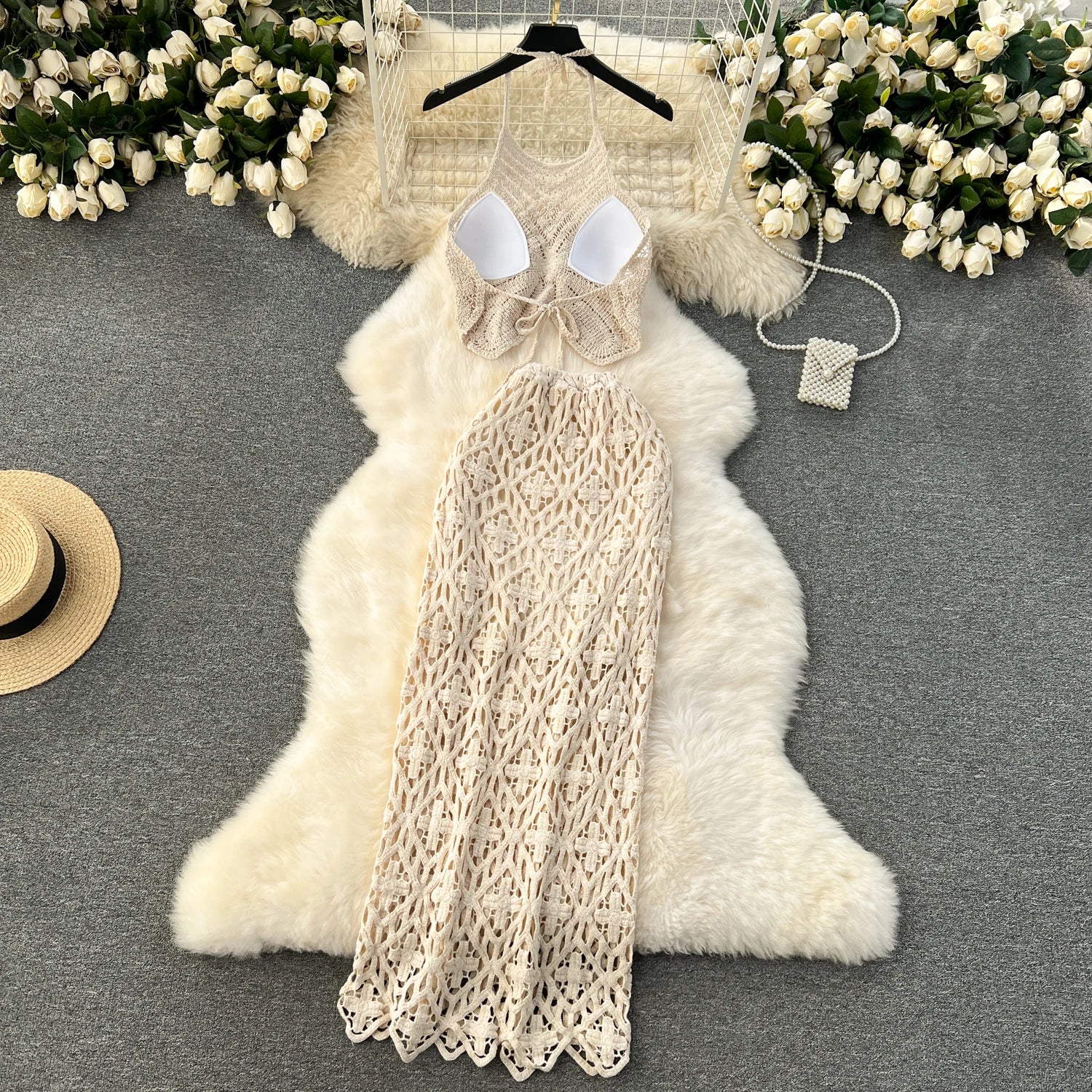Boho Lace-Up Cami & Maxi Knit Skirt Set | 2-Piece Beach Co-ord