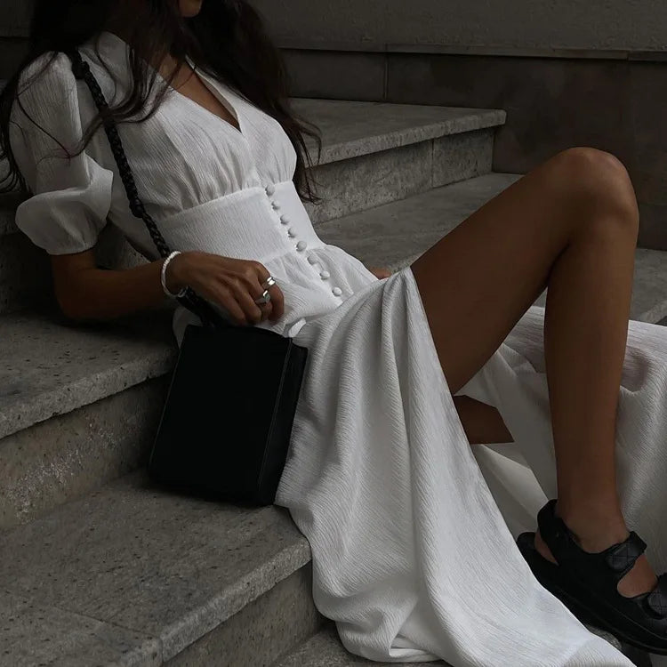 Deep V-Neck Empire Waist Maxi Dress | Boho Flying Sleeve