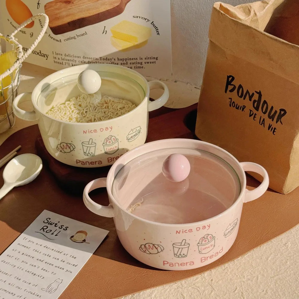 Kawaii Ceramic Ramen Bowl Set | Japanese-Style Bowl with Spoon & Chopsticks