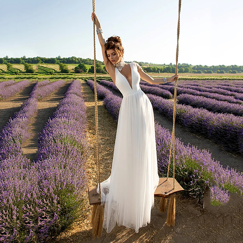 Boho Wedding Dress – Sexy V-Neck Backless A-Line Bridal Gown