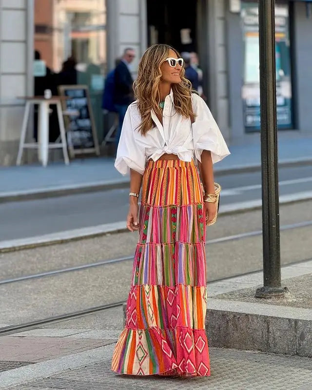 Boho Print A-Line Maxi Skirt | Elastic Waist Ruffle Hem Beach Skirt