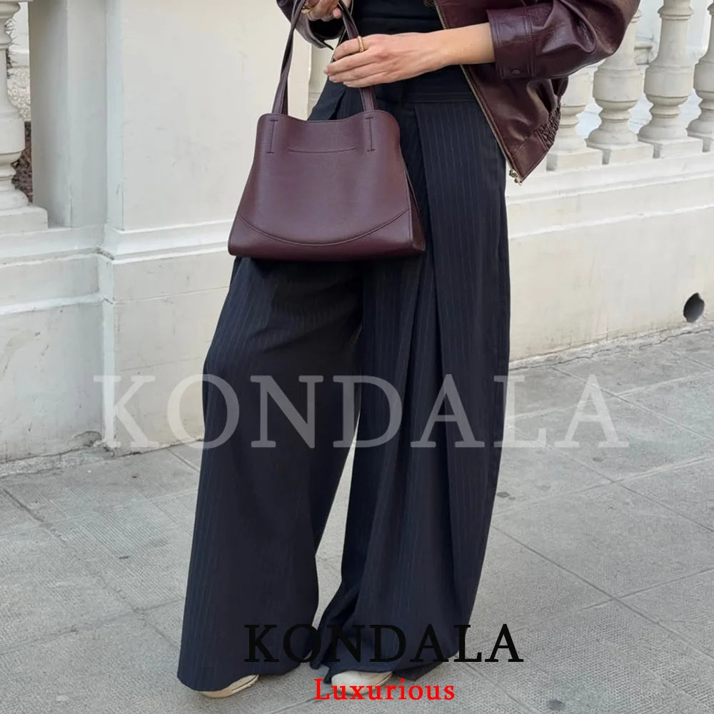 High-Waist Wide Leg Pants with Pockets & Pleats – Loose Ankle-Length Trousers for Women