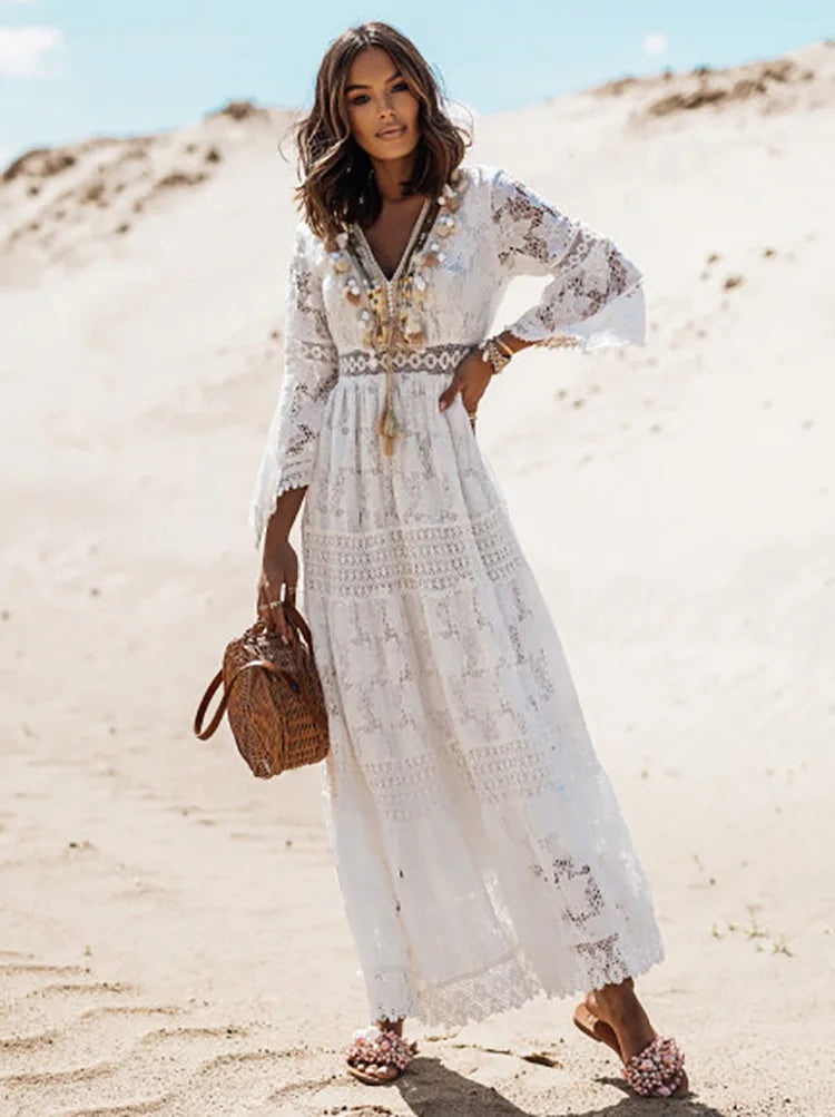 Lace Hollow-Out Boho Maxi Dress | Flare Sleeve Tassel Trim