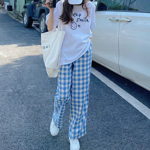 Pants Women Plaid High Waist Hot Sale Summer Loose Korean Style Wide Leg Pockets All-match Stylish New Arrivals Popular Female