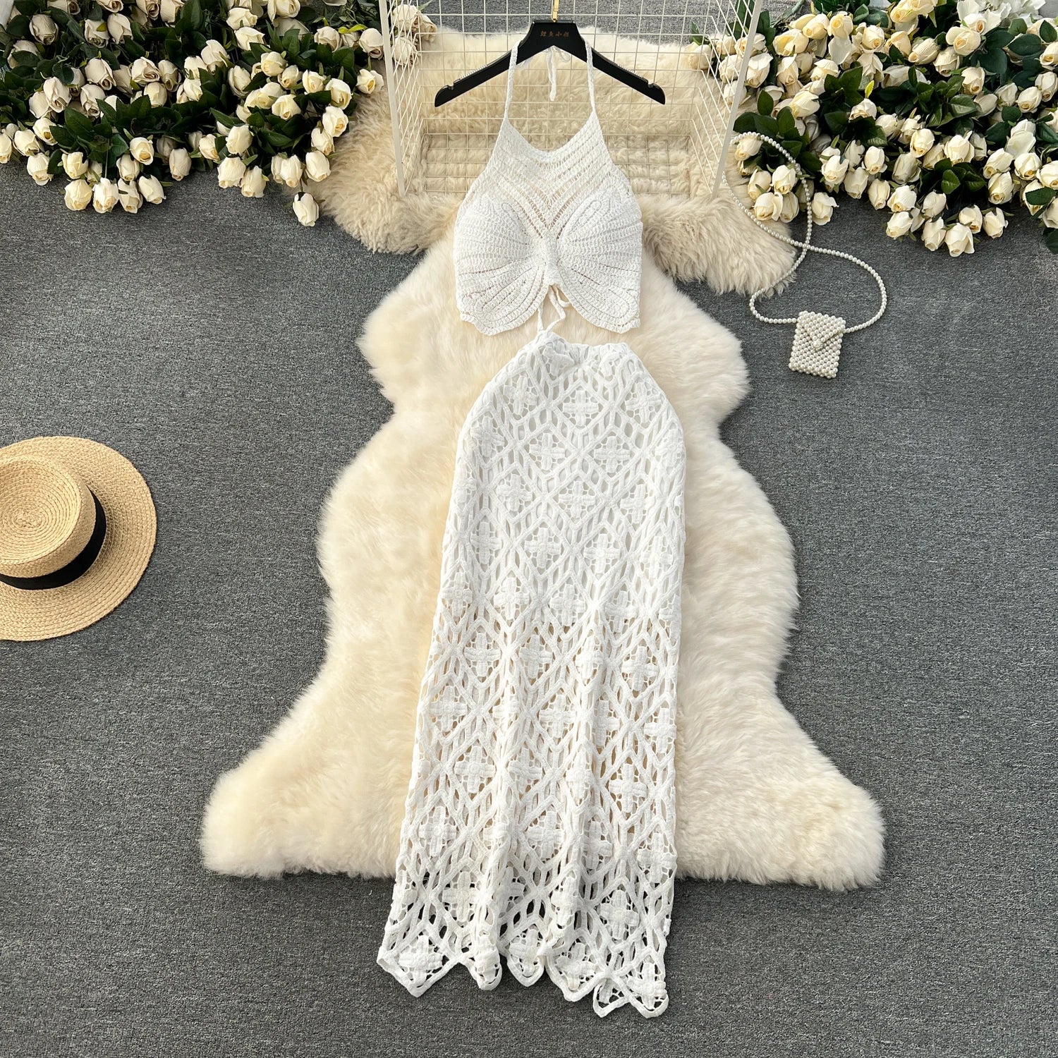Boho Lace-Up Cami & Maxi Knit Skirt Set | 2-Piece Beach Co-ord