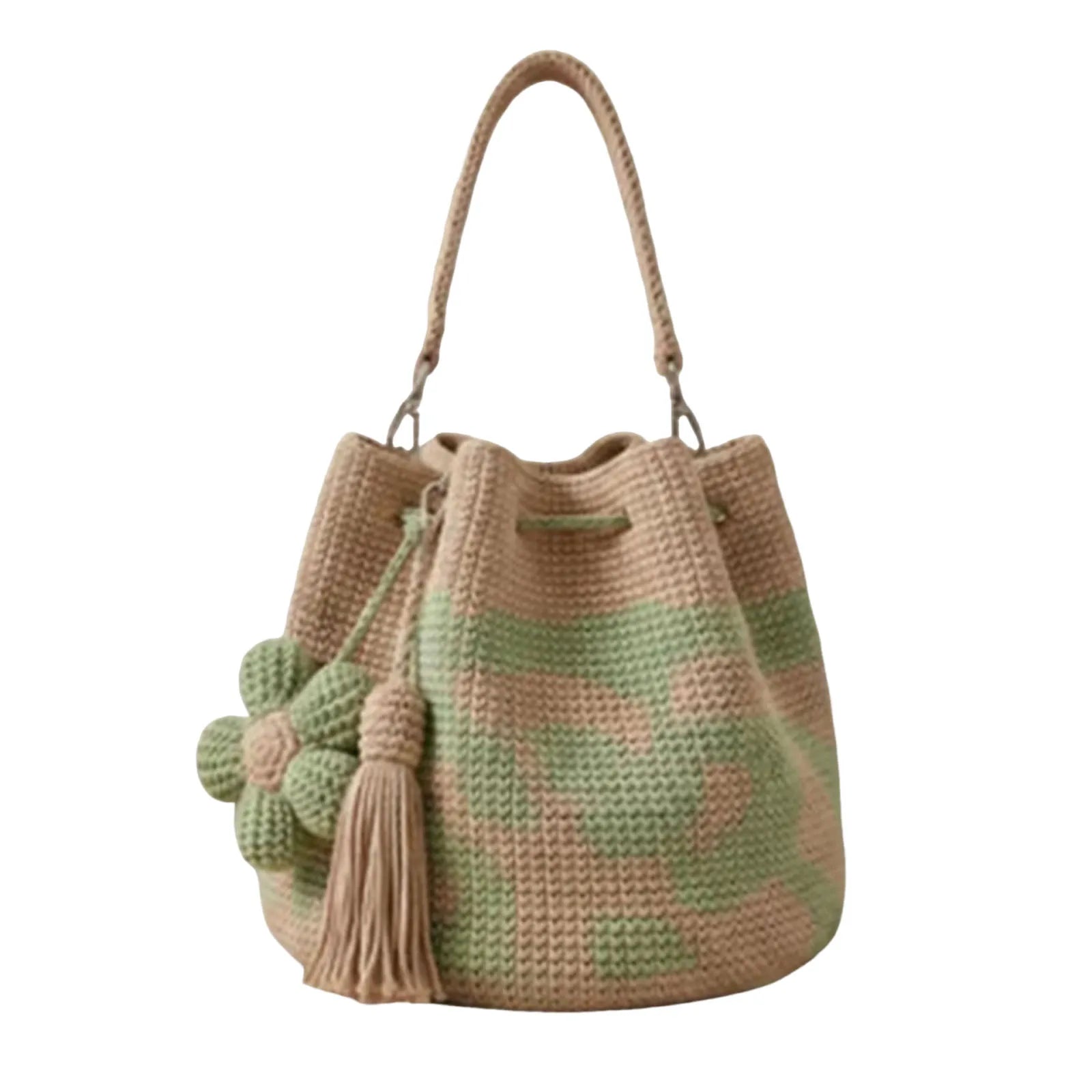 Boho Embroidery Bucket Bag | Drawstring Purse with Flower Tassel