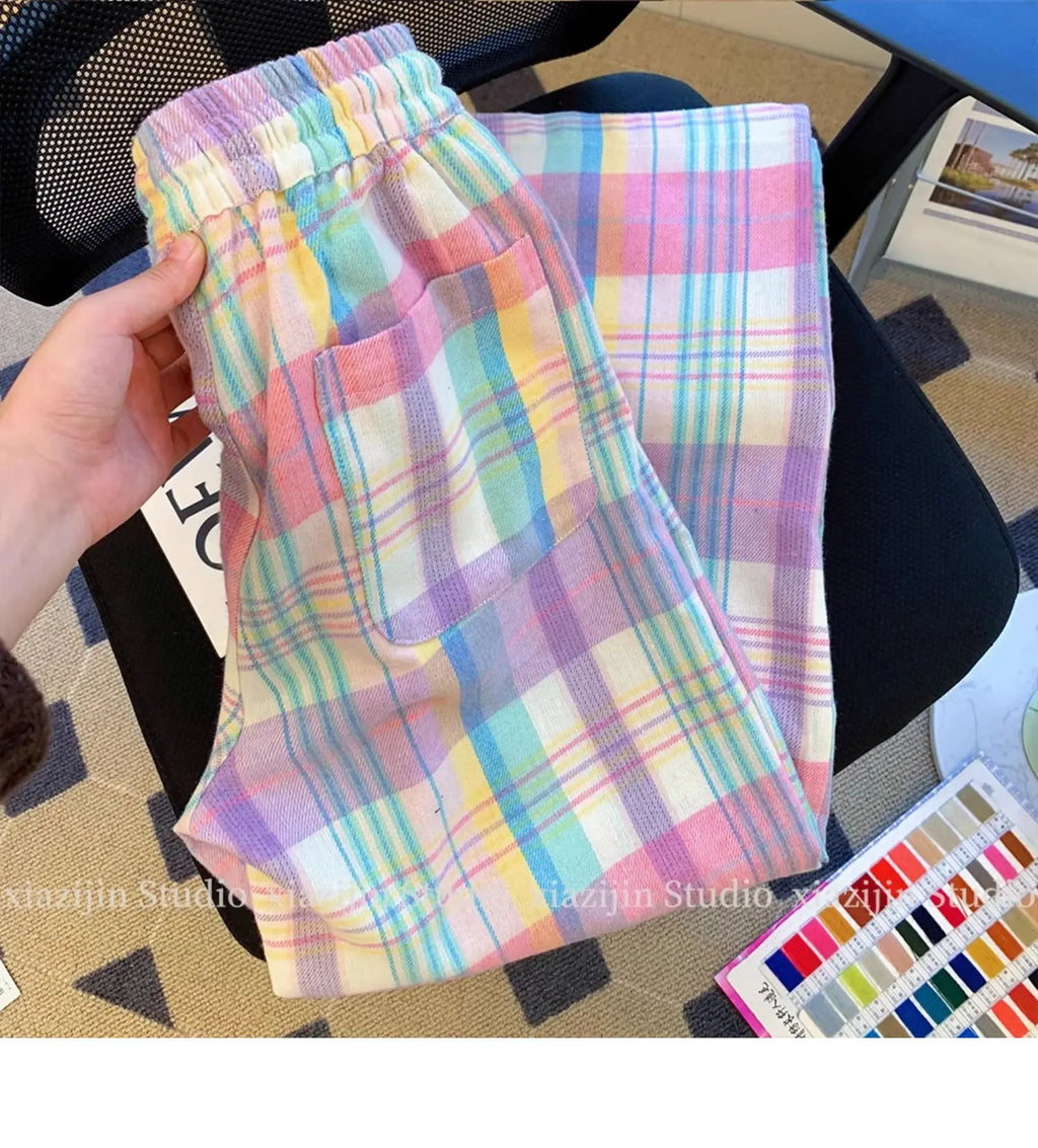 Color plaid wide-leg pants women's summer high waist retro Joker design loose pocket straight casual pants.