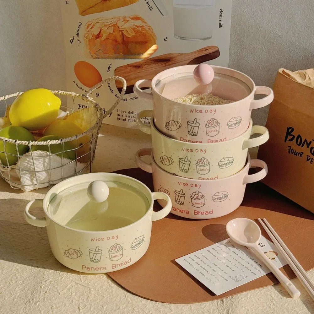 Kawaii Ceramic Ramen Bowl Set | Japanese-Style Bowl with Spoon & Chopsticks