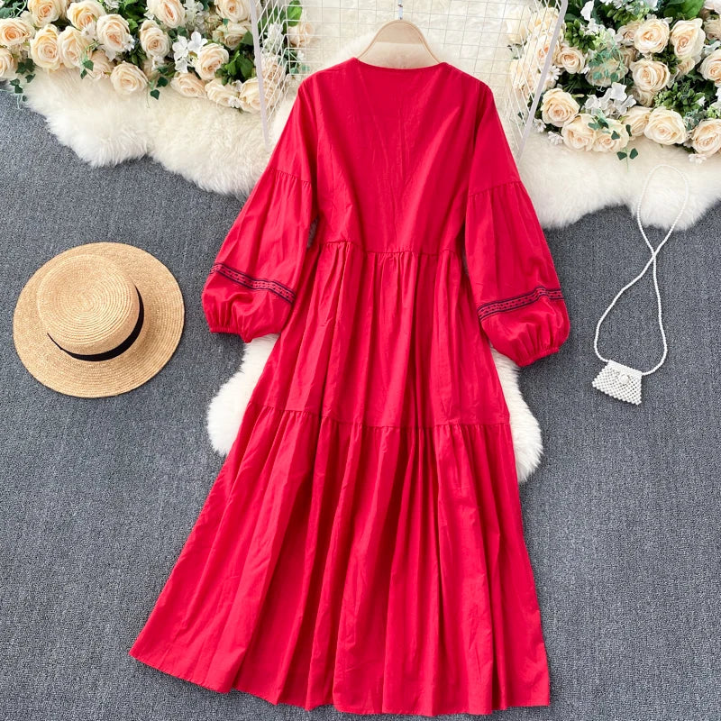 Embroidered Lantern Sleeve Boho Midi Dress | Lace-Up A-Line