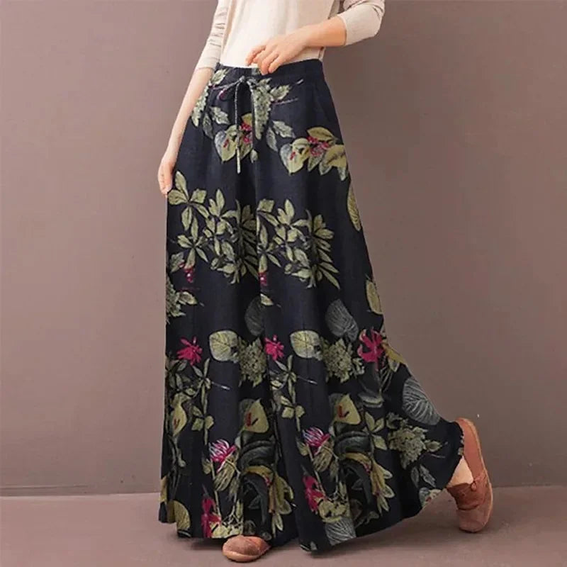 Boho Floral Wide Leg Pants Women Casual High Waist Drawstring Loose Palazzo Trousers Summer Beach Rayon Flowy Bottoms with Pocke