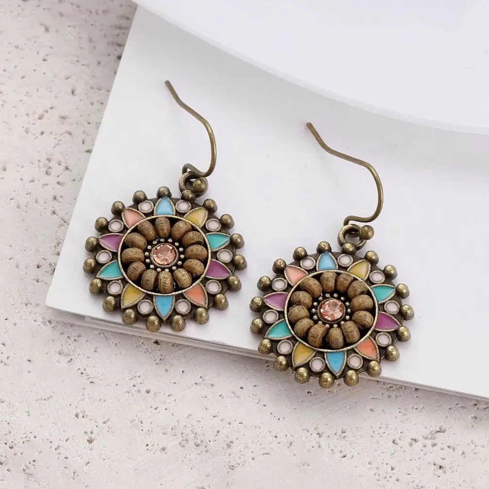 Boho Vintage Flower & Wood Beaded Drop Earrings