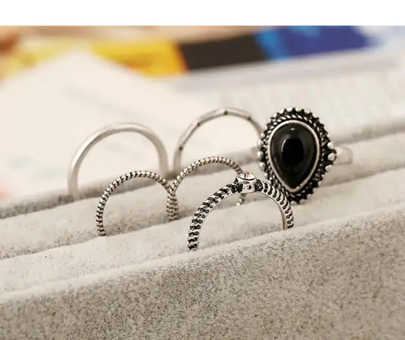 Boho 6-Piece Geometric Stone Resin Ring Set – Minimalist Retro Stackable Rings