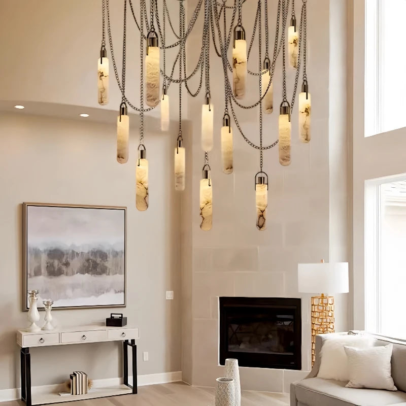 Modern Marble Pendant Light Luxury Solid Brass Multi-Light Ceiling Lamp for Living Room Dining Room Loft Staircase Home Decor