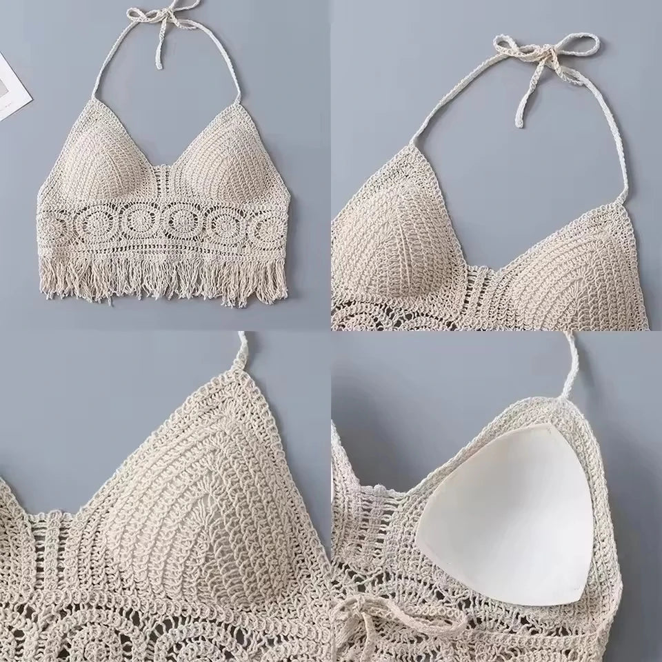 Boho Crochet Halter Bralette Top | Knit Crop Top with Tassel Fringe