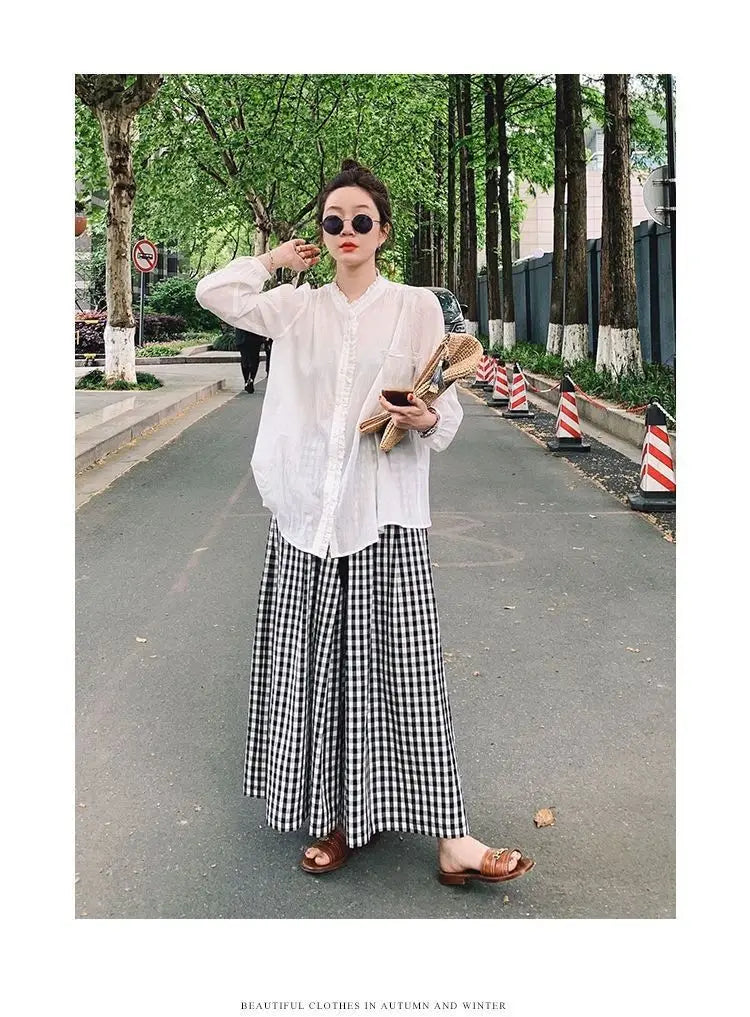 Plaid Wide Leg Pants Women Baggy Korean Style Panelled Temper Trousers Streetwear Pantalones Clothes Summer A-line Teens College