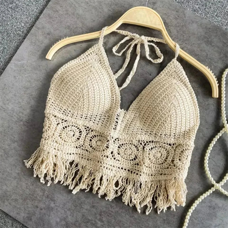Boho Crochet Halter Bralette Top | Knit Crop Top with Tassel Fringe