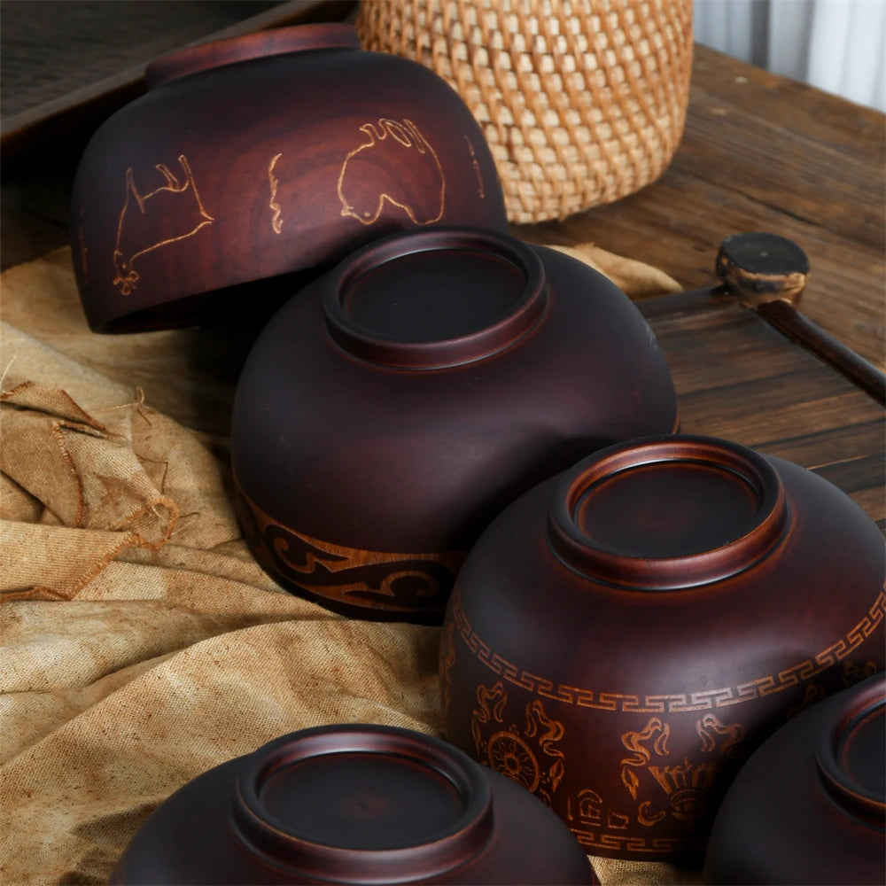 Japanese Jujube Wood Bowl with Gold Inlay | Hand-Painted Decorative Rice & Soup Bowl