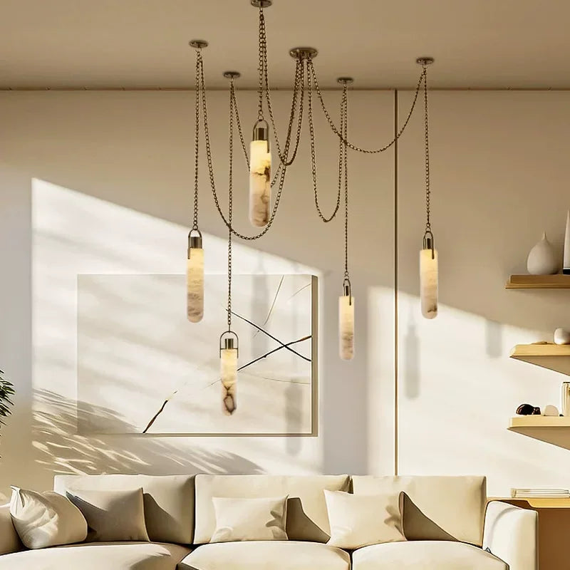 Modern Marble Pendant Light Luxury Solid Brass Multi-Light Ceiling Lamp for Living Room Dining Room Loft Staircase Home Decor