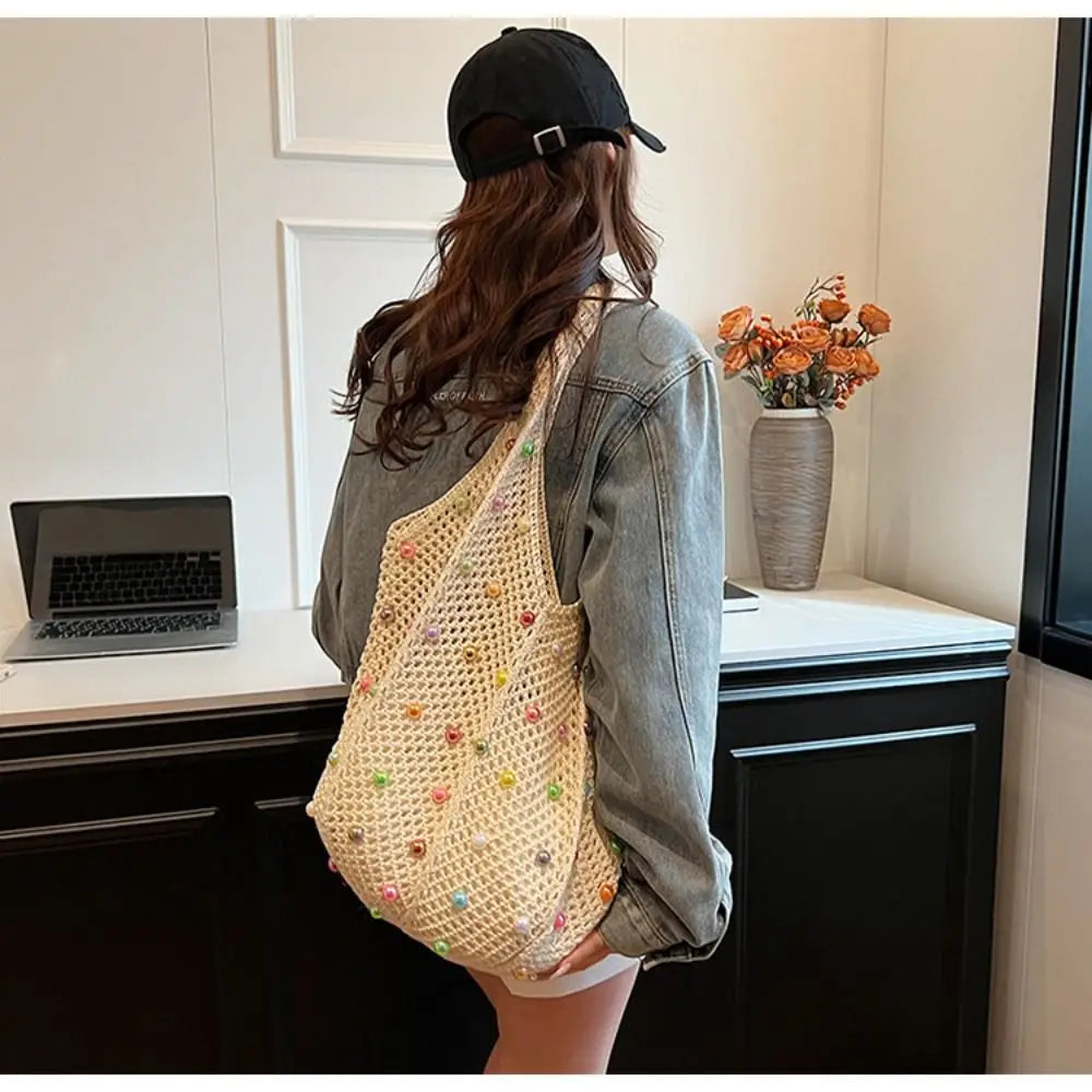 Boho Crochet Beach Tote Bag | Large Hollow Knit Bag with Colored Bead Detail