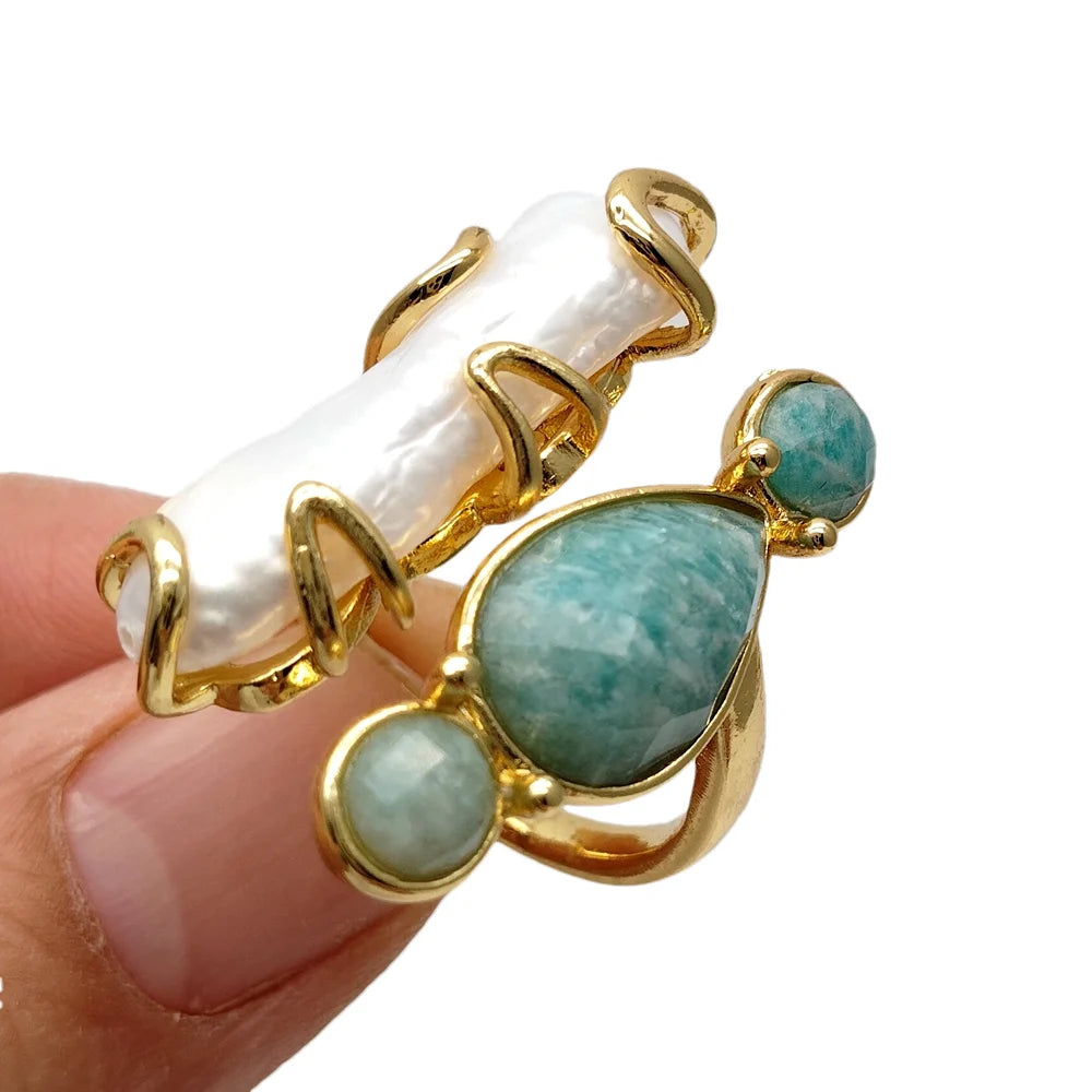 10x28mm Freshwater White Biwa Pearl Green Amazonite Rings Adjustable Girlfriend Gifts
