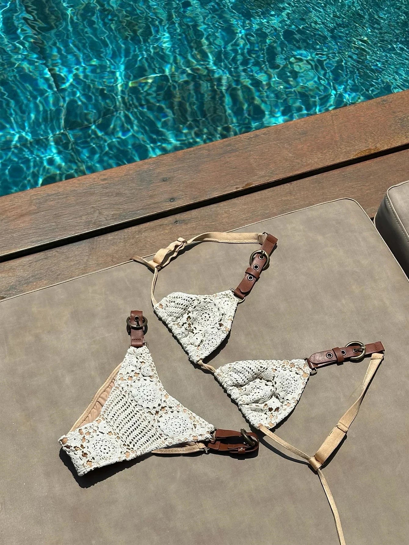 Boho Crochet Bikini Set | Cream Knit with Leather Straps & Metal Buckles
