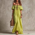 Off-Shoulder Pleated Maxi Dress | Boho Empire Waist A-Line