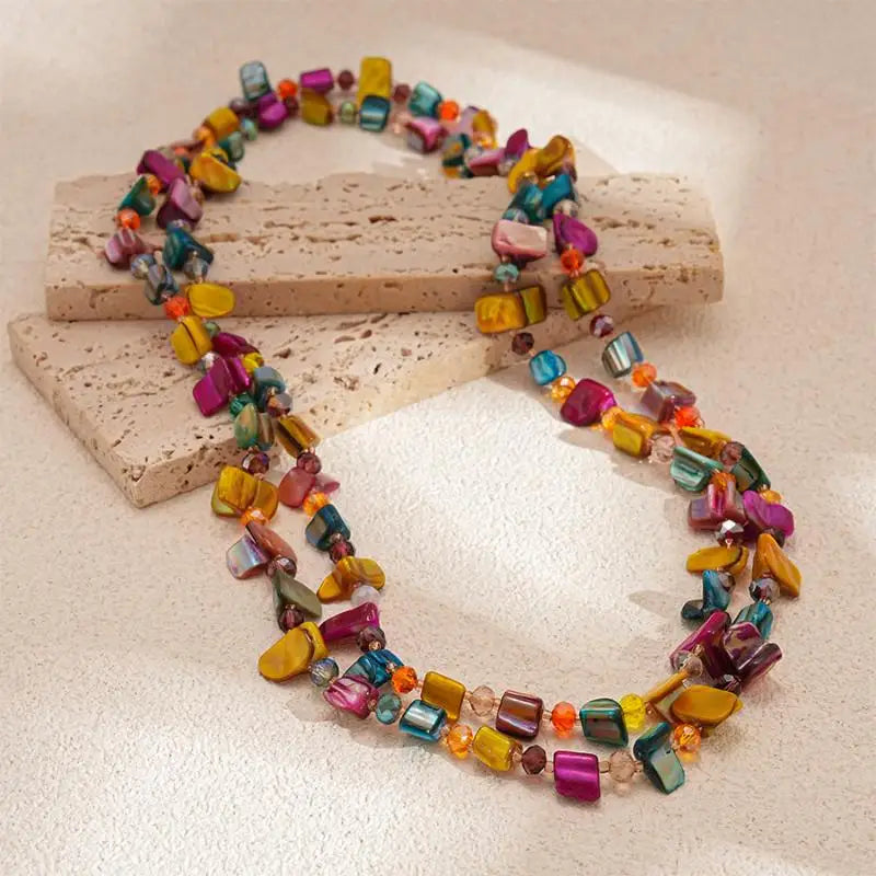 Boho Double-Layer Shell & Irregular Bead Long Necklace – Vintage Summer Jewelry