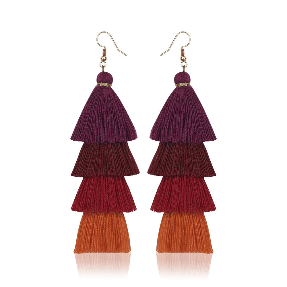 Boho 4-Layer Tassel Fringe Dangle Earrings – Ethnic Long Statement Drop Earrings