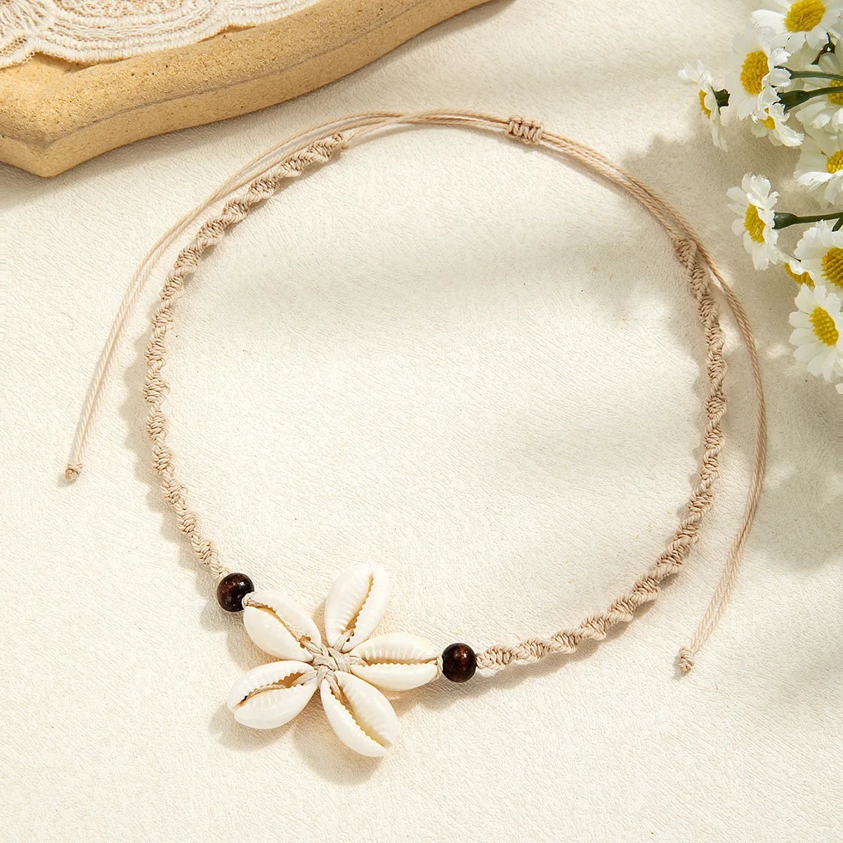 Boho Woven Shell Flower Pendant Necklace – Adjustable Beach Rope Chain