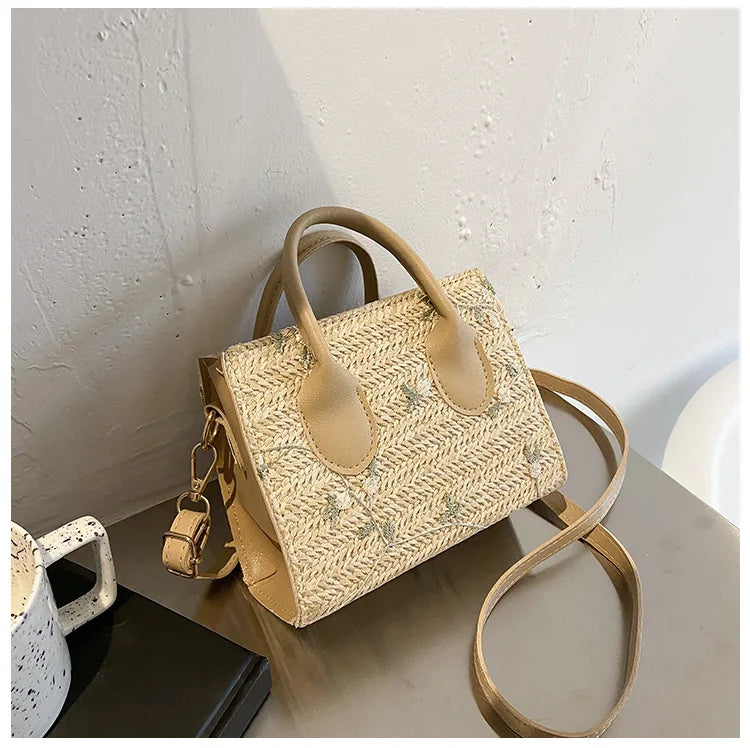 Boho Floral Embroidery Woven Handbag | Convertible Top Handle & Crossbody Bag