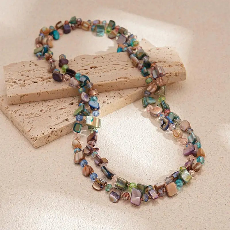 Boho Double-Layer Shell & Irregular Bead Long Necklace – Vintage Summer Jewelry