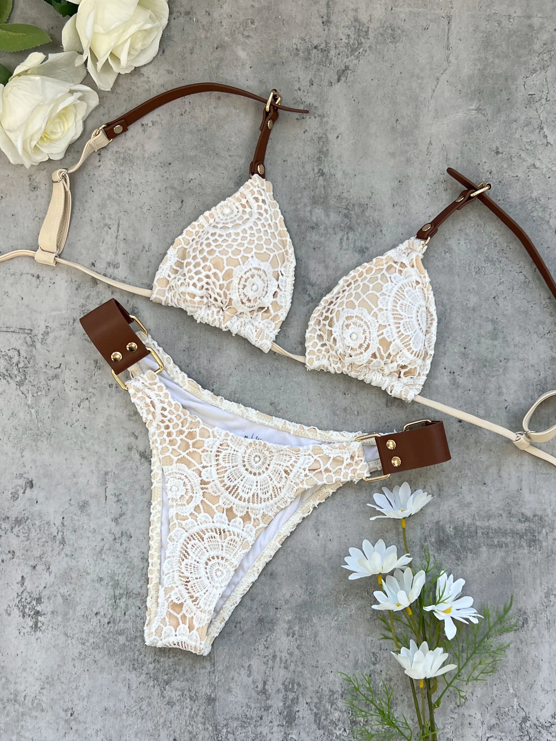 Boho Crochet Bikini Set | Cream Knit with Leather Straps & Metal Buckles