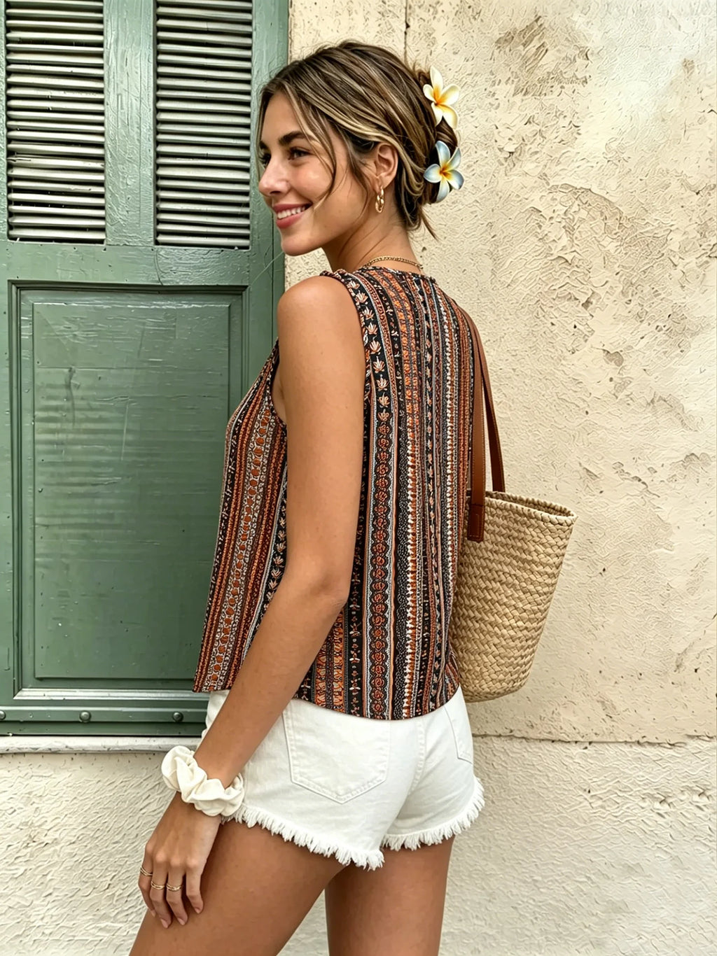 Boho Tribal Stripe Cami Top | V-Neck Knot Strap Sleeveless Tank