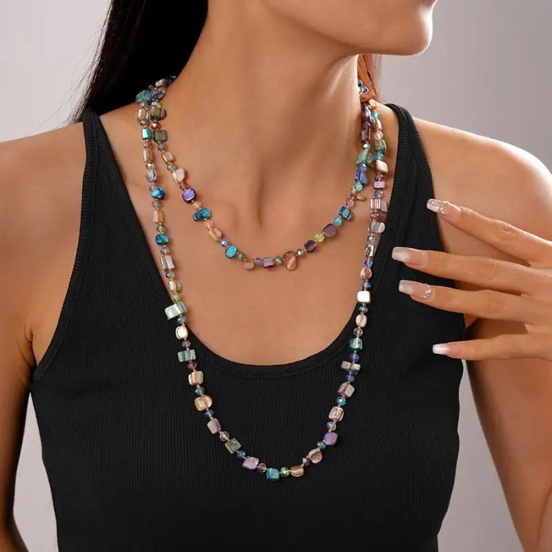 Boho Double-Layer Shell & Irregular Bead Long Necklace – Vintage Summer Jewelry