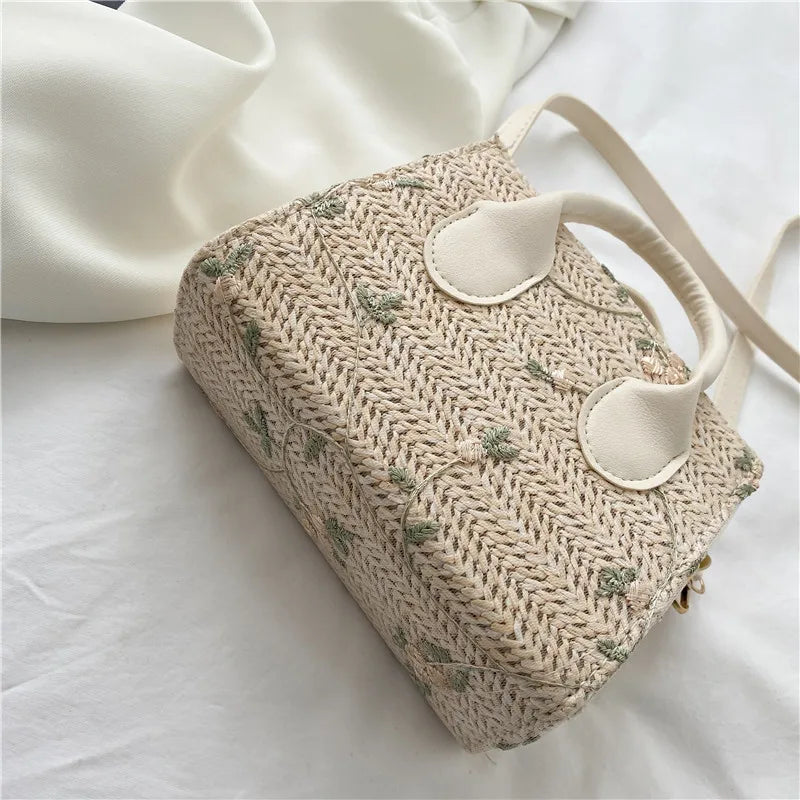 Boho Floral Embroidery Woven Handbag | Convertible Top Handle & Crossbody Bag