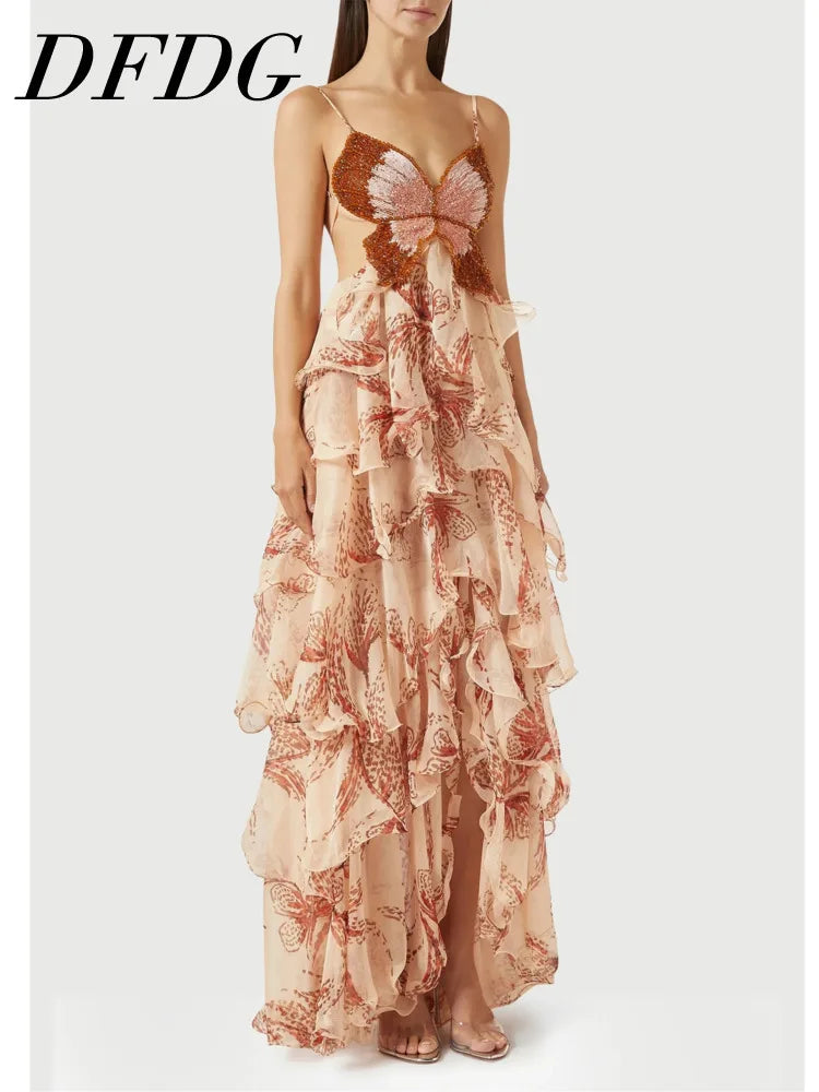 Floral Ruffle Maxi Dress | Strapless Layered Butterfly Boho