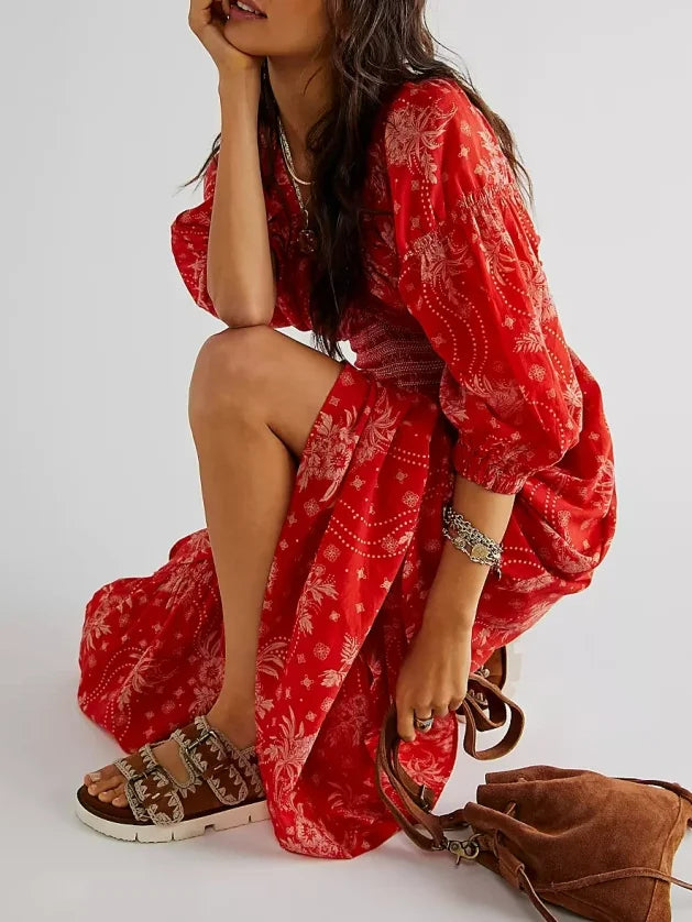 Floral Boho Midi Dress | V-Neck Puff Sleeve Hollow-Out